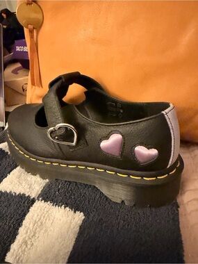 Dr. Martens Black Mary Jane Platform Shoes with Pink Heart Accents